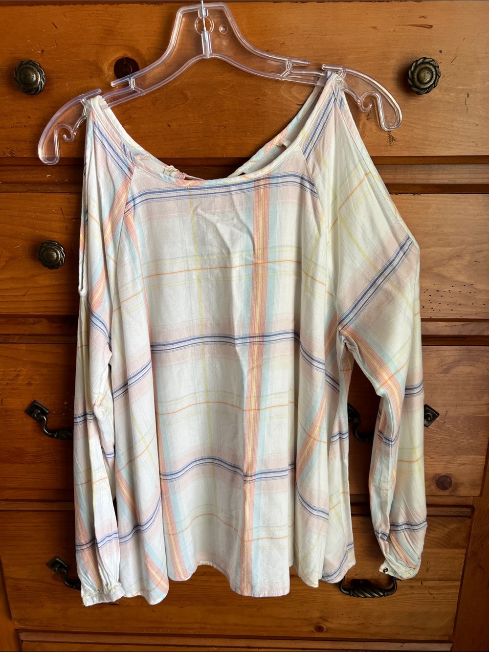 Seven7 Lightweight Plaid Cold-Shoulder Blouse in Pastel Multi